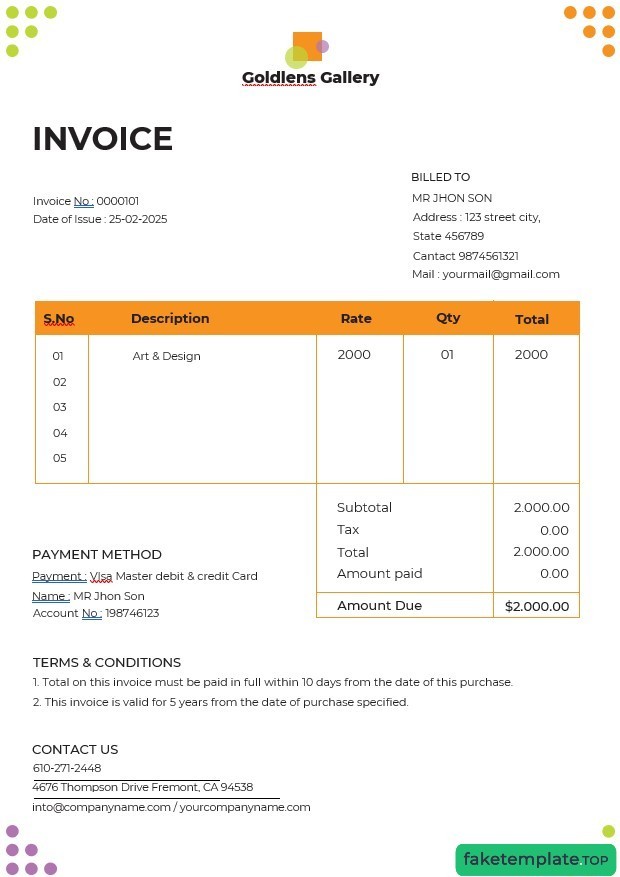 Feature of fake Photo Art Gallery invoice example